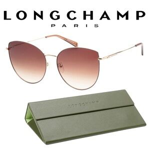 NWT Longchamp Rose Gold Cat-Eye 60mm Women's Sunglasses + Collapsable Hard Case